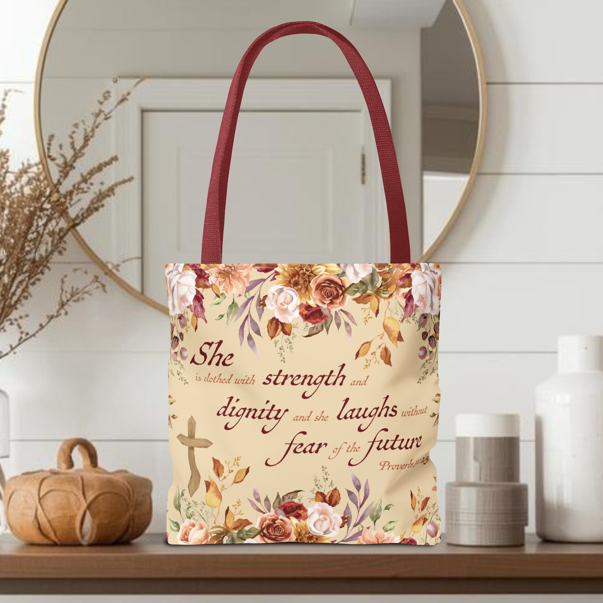 Christian Tote Bag for Women Proverbs 31 Scripture Floral Tote, Bible Verse Canvas Bag, Christian Gift for Mom, Faith Based Church Bag