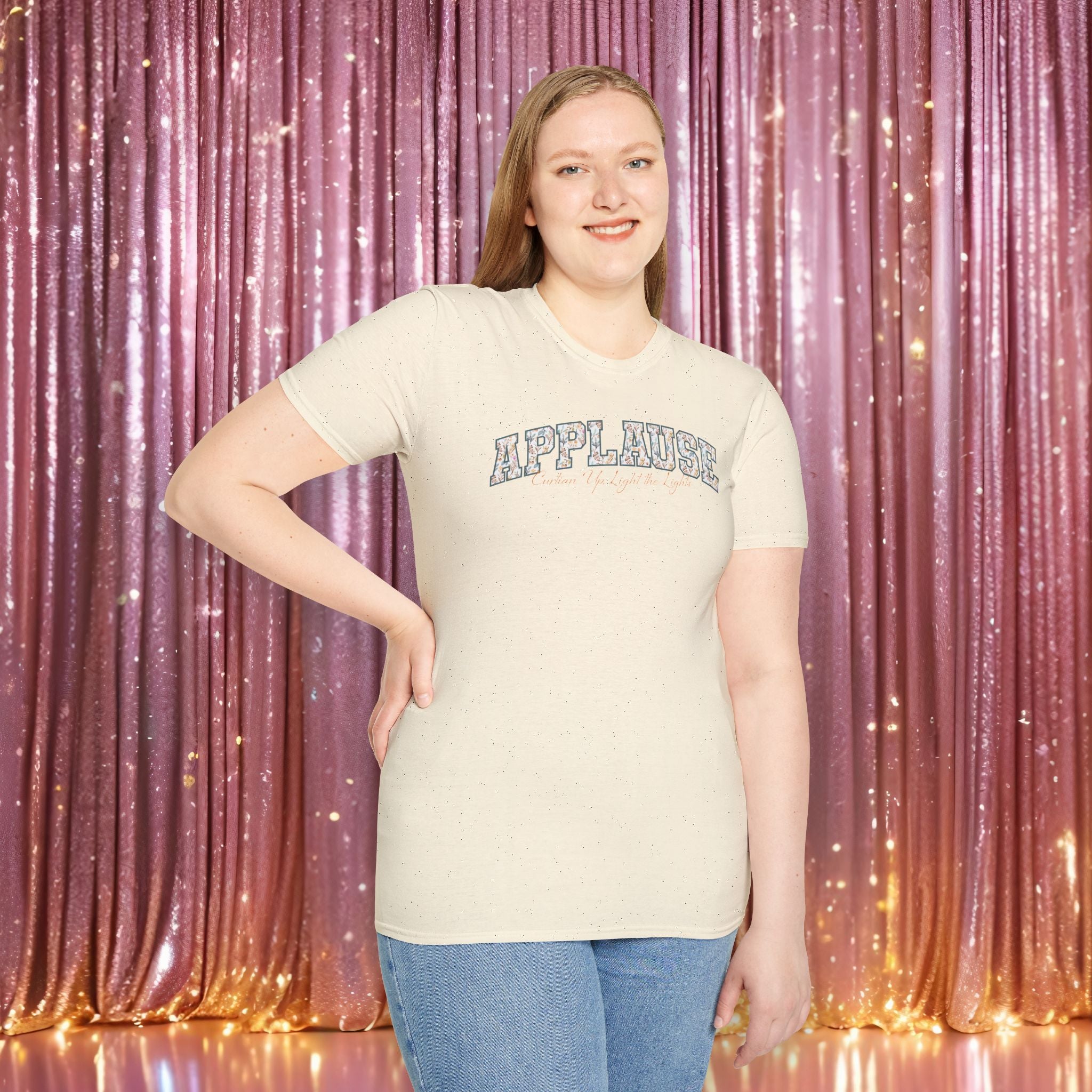 Applause T-Shirt — "Curtain Up, Light the Lights" Floral Tee for Actors & Music Students