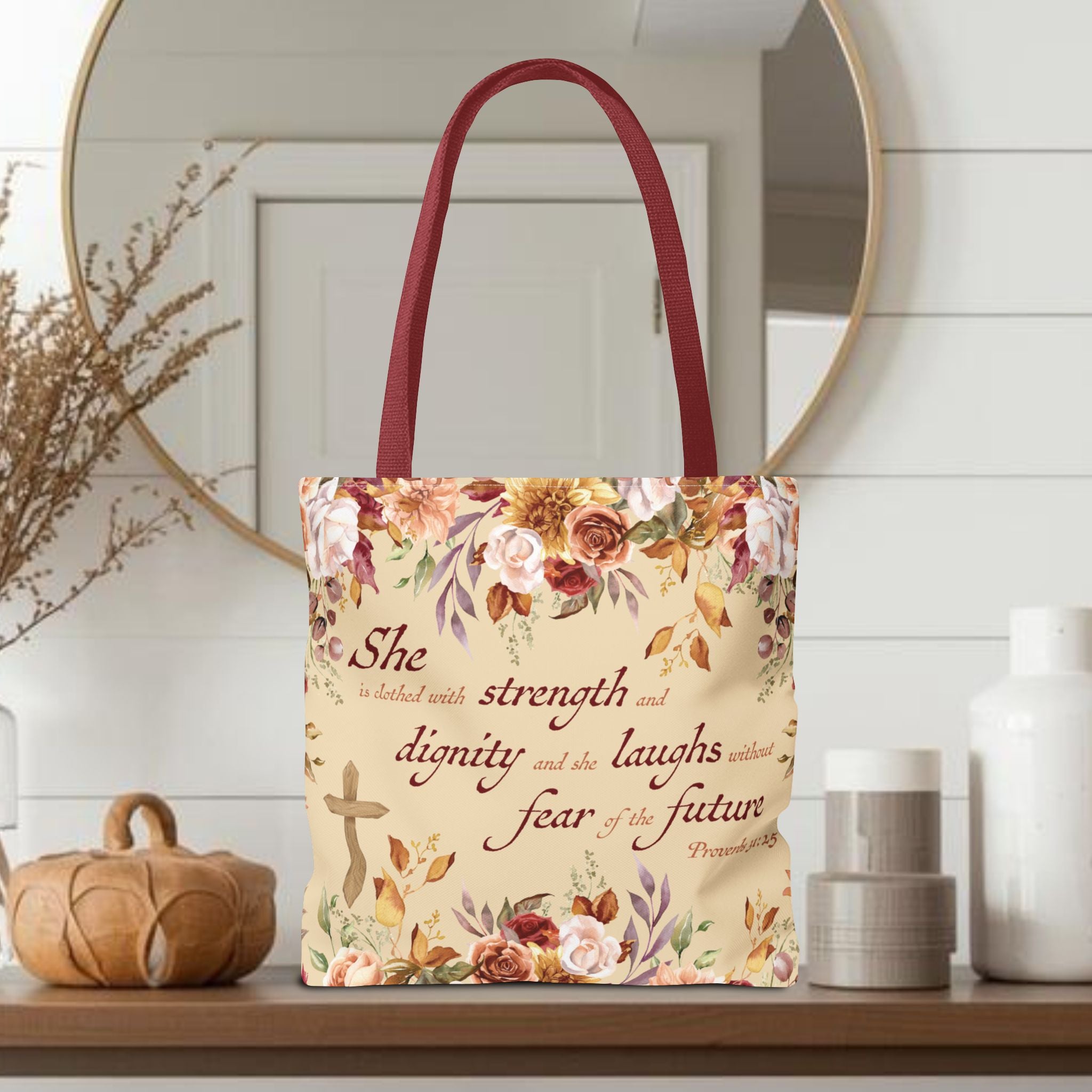 Christian Tote Bag for Women Proverbs 31 Scripture Floral Tote, Bible Verse Canvas Bag, Christian Gift for Mom, Faith Based Church Bag