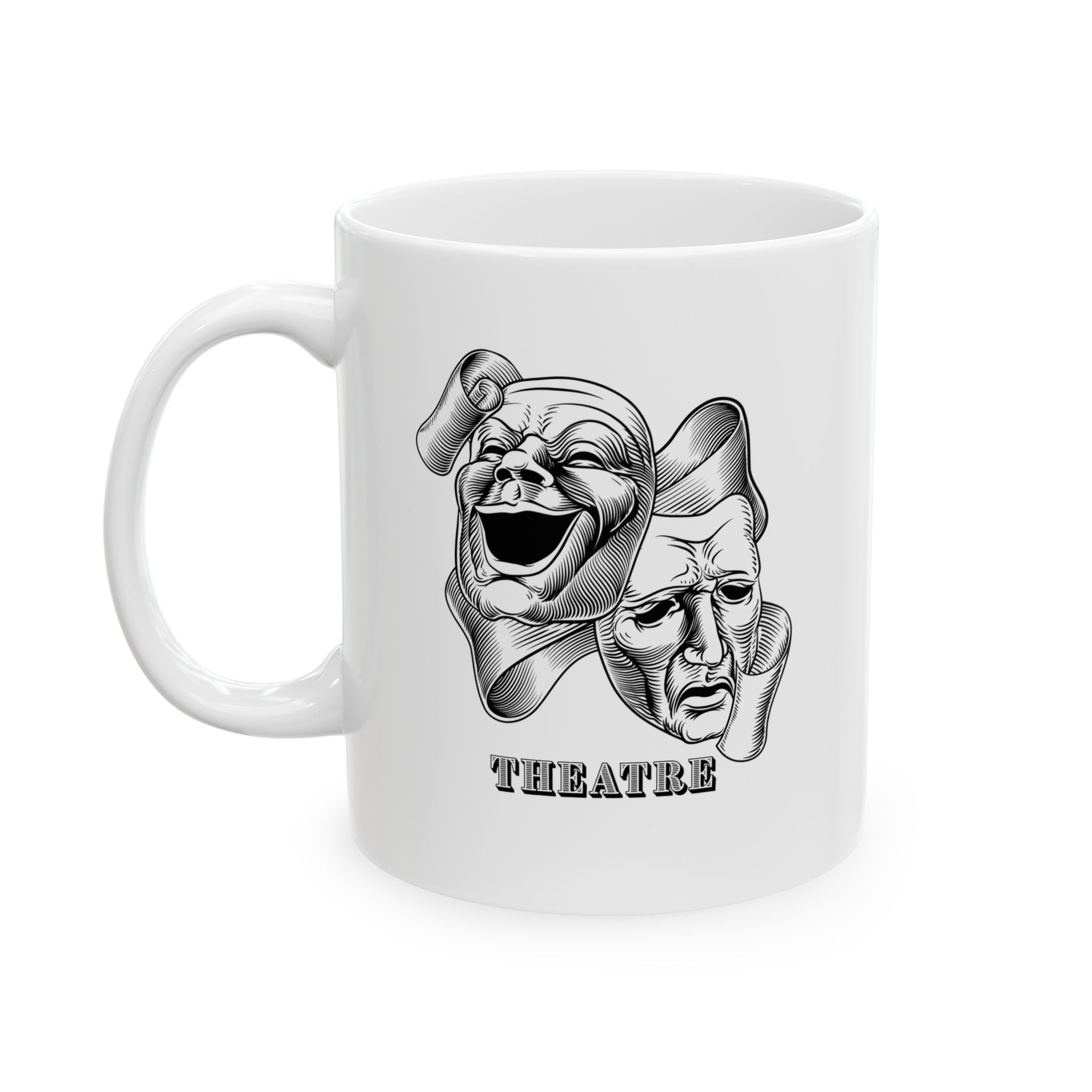 Theatre Masks Ceramic Mug — Drama & Comedy Coffee Cup for Theatre Lovers (11oz/15oz)