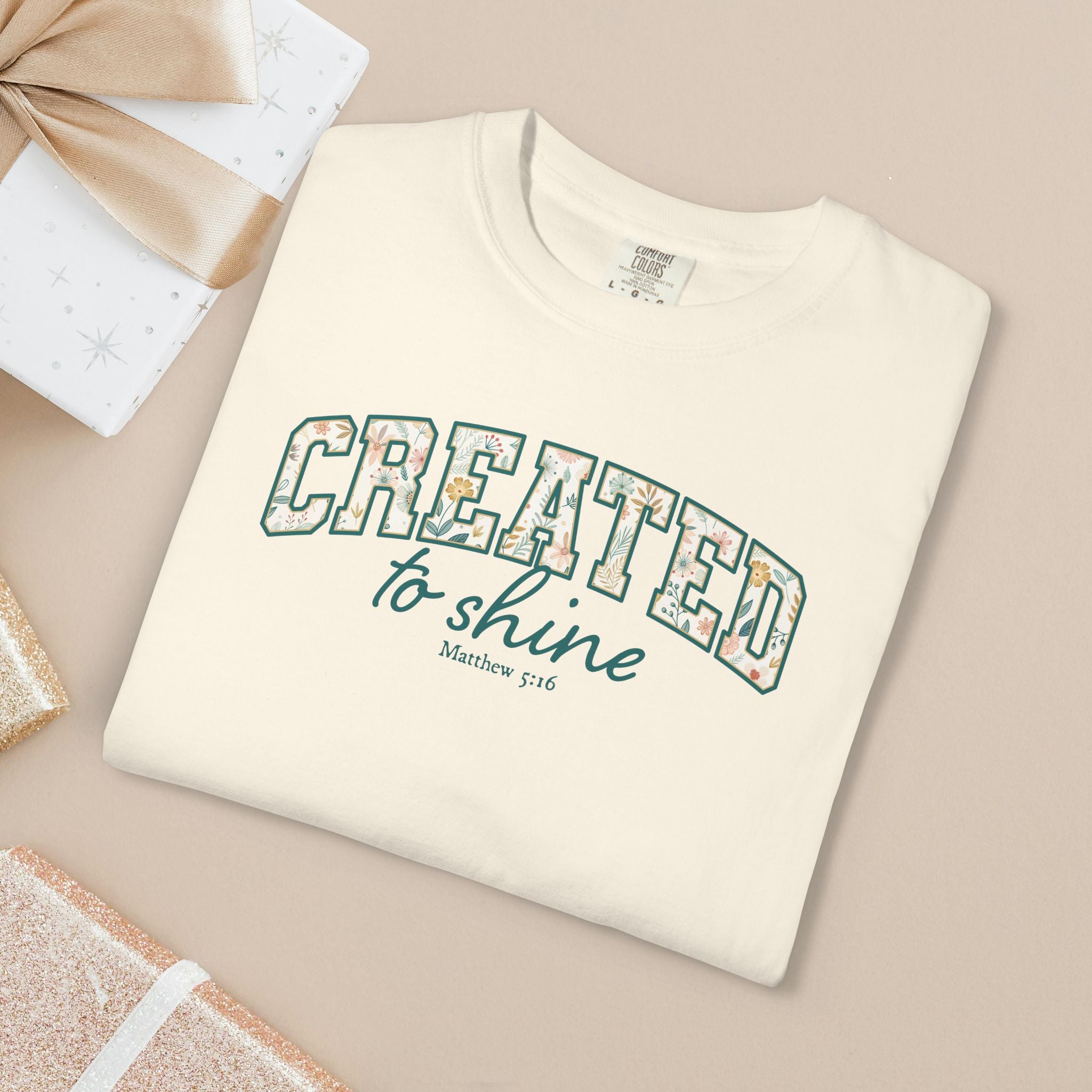 Comfort Colors® Christian Shirt Floral Letter Created to Shine Faith Apparel Inspirational Bible Verse Gift