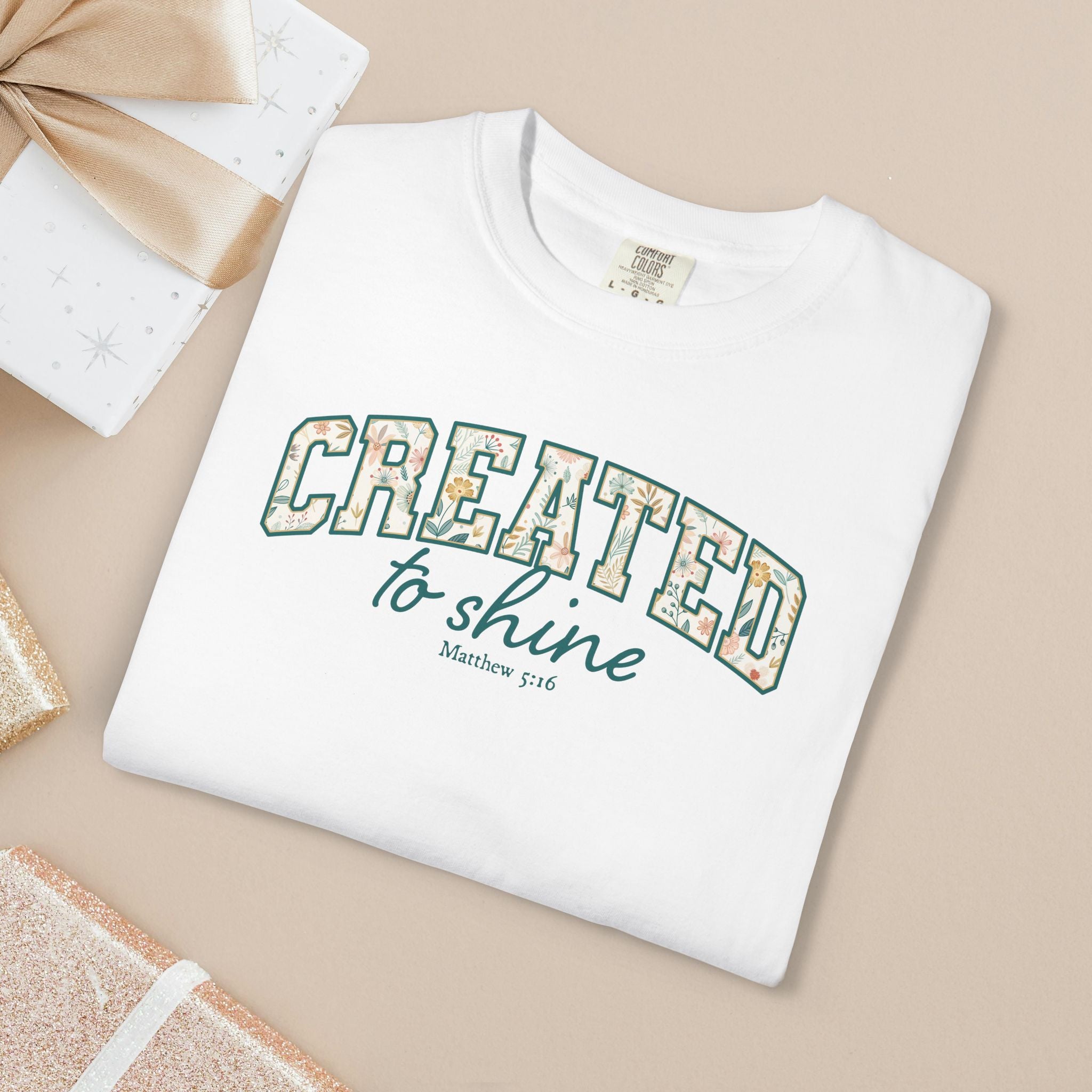Comfort Colors® Christian Shirt Floral Letter Created to Shine Faith Apparel Inspirational Bible Verse Gift