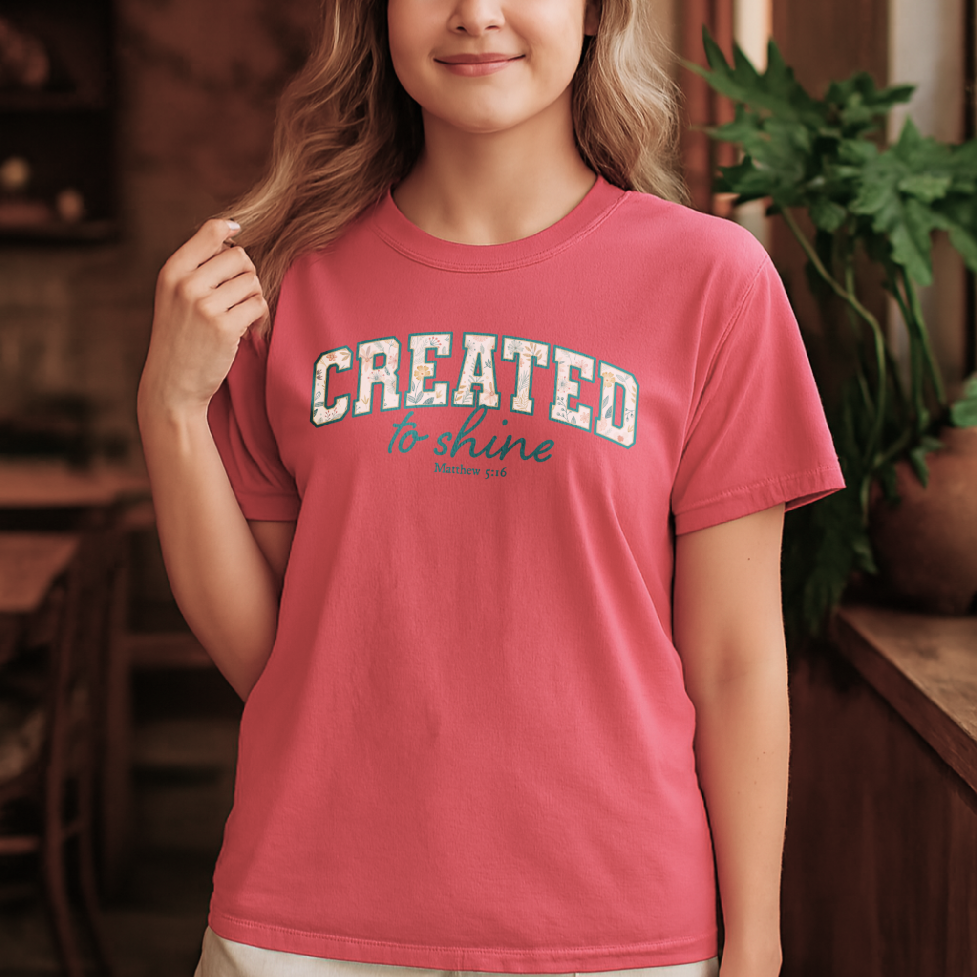 Comfort Colors® Christian Shirt Floral Letter Created to Shine Faith Apparel Inspirational Bible Verse Gift