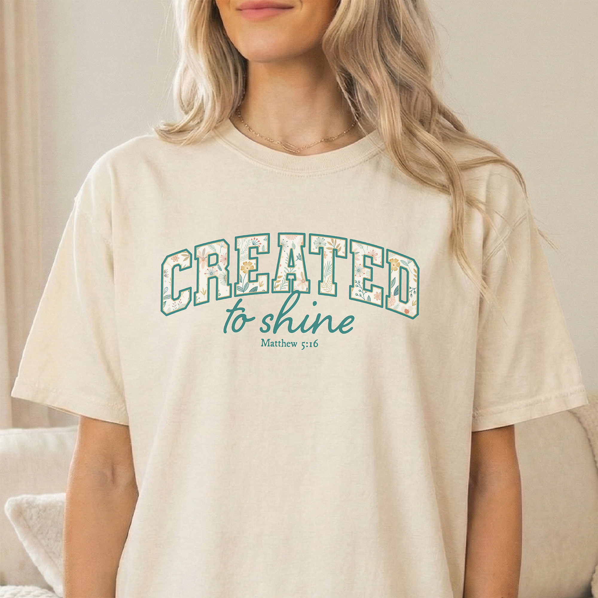 Comfort Colors® Christian Shirt Floral Letter Created to Shine Faith Apparel Inspirational Bible Verse Gift
