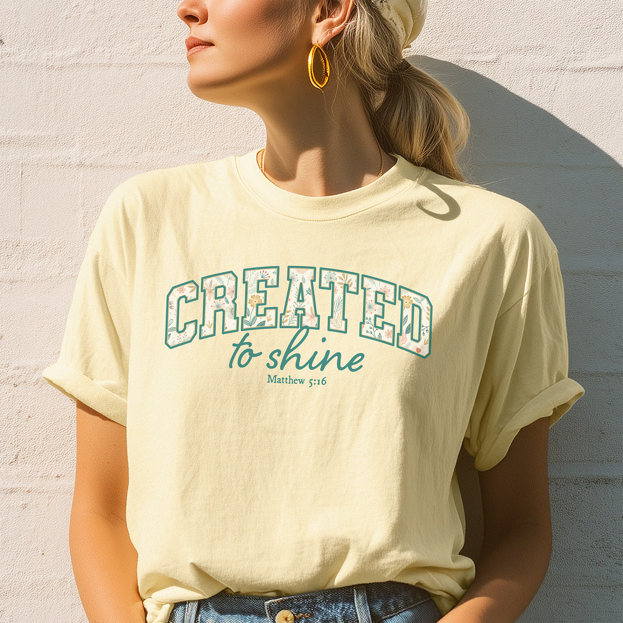 Comfort Colors® Christian Shirt Floral Letter Created to Shine Faith Apparel Inspirational Bible Verse Gift