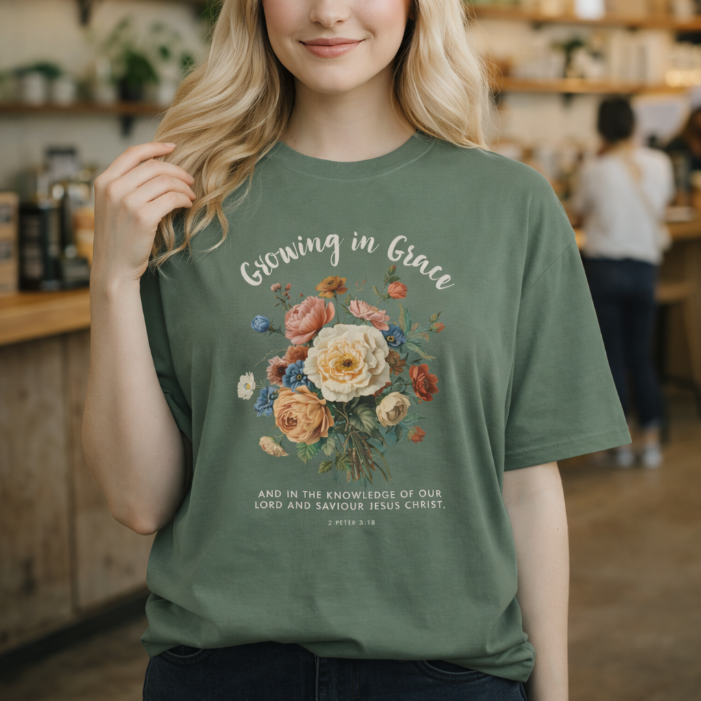 Comfort Colors® Christian Shirt Growing In Grace Tee Comfort Colors Faith Floral Scripture Design For Women