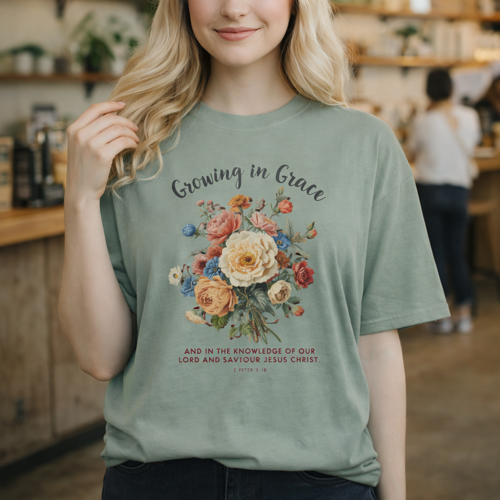 Comfort Colors® Christian Shirt Growing In Grace Tee Comfort Colors Faith Floral Scripture Design For Women