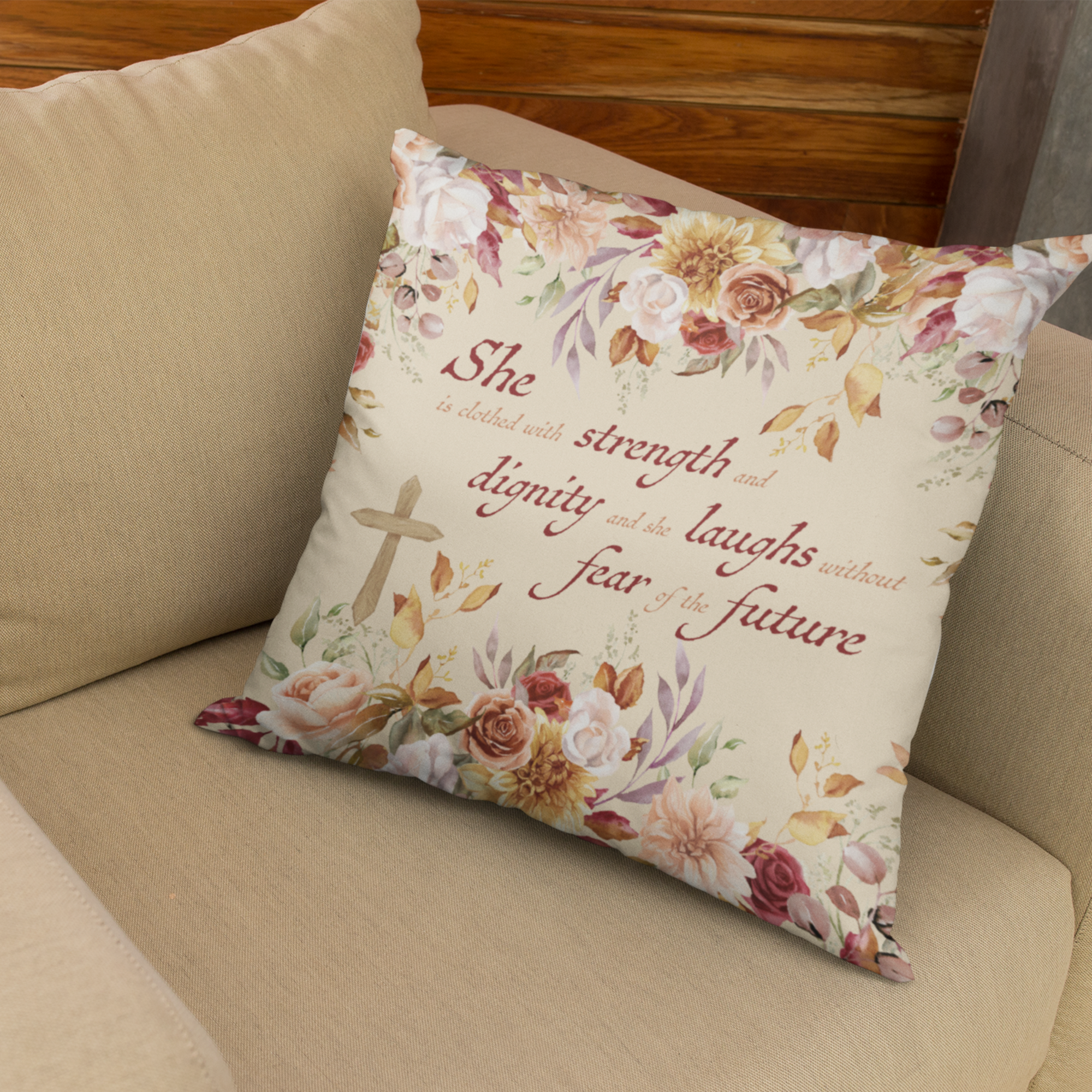 Christian Throw Pillow, Floral Bible Verse, Faith Based Home Decor, Religious Gift for Mom, Vintage Scripture Cushion