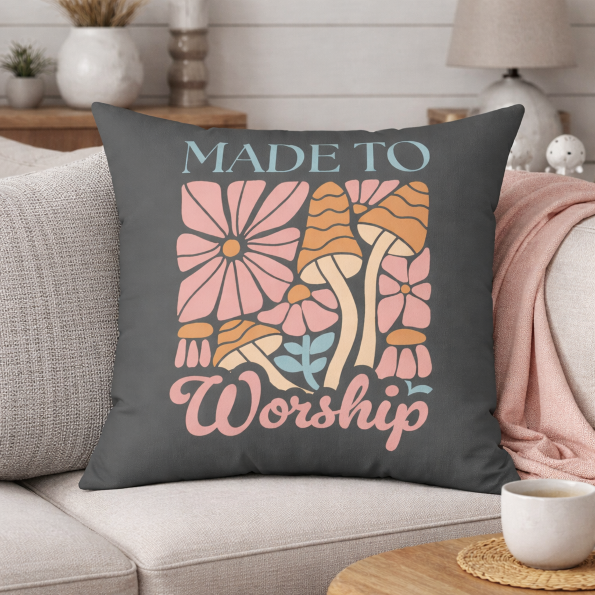 Made to Worship Throw Pillow for Home, Christian decor, floral mushroom design, cozy sofa accent