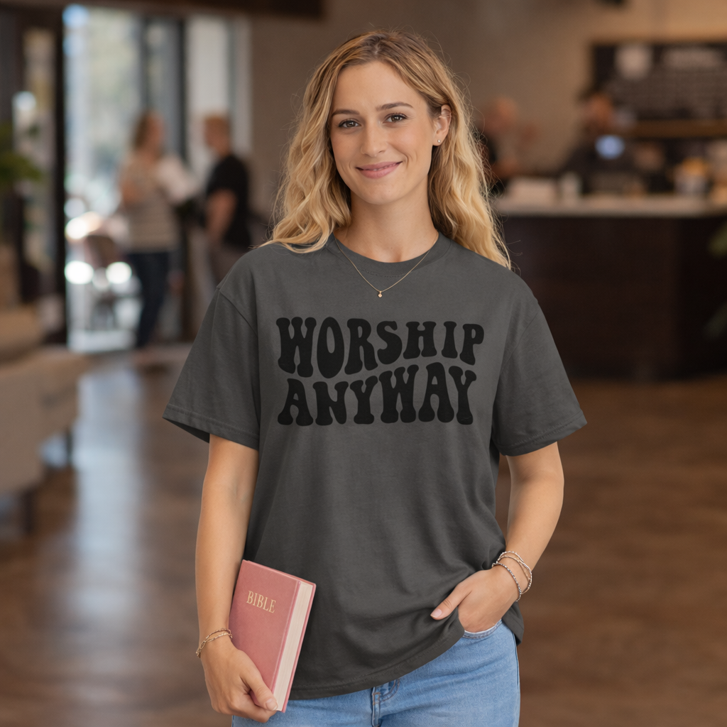 Christian Worship Shirt Worship Anyway Retro Faith Graphic Tee Comfort Colors Perfect Church Shirt or Gift