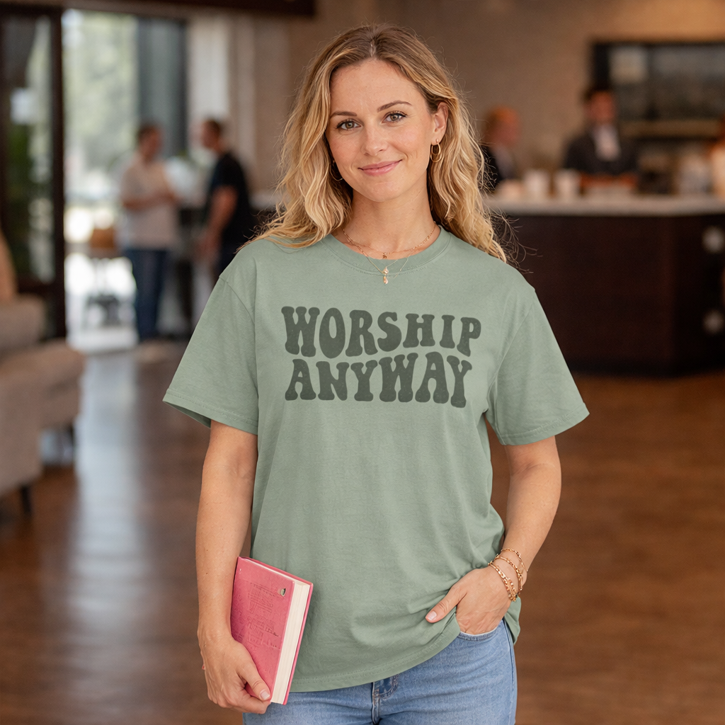 Christian Worship Shirt Worship Anyway Retro Faith Graphic Tee Comfort Colors Perfect Church Shirt or Gift