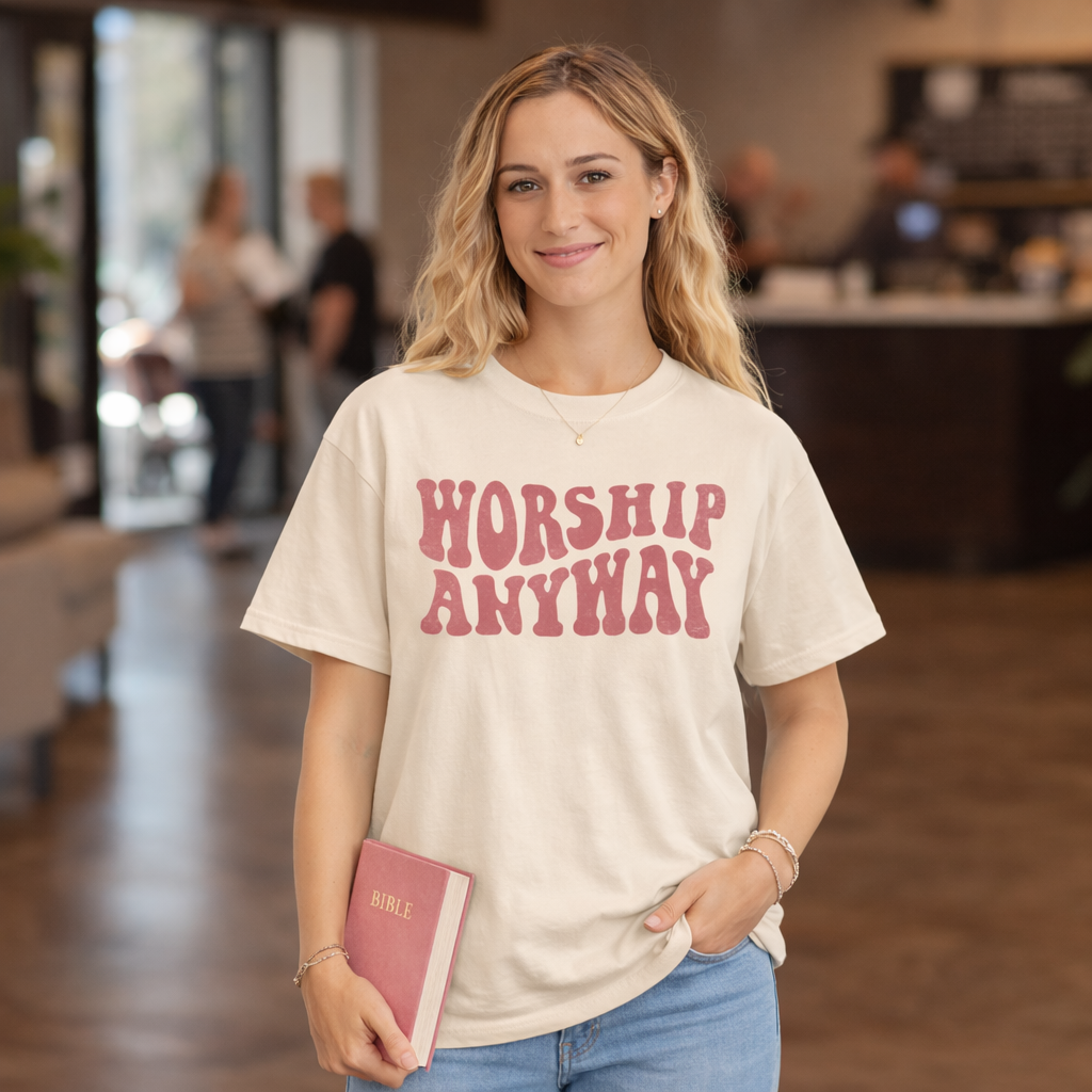 Christian Worship Shirt Worship Anyway Retro Faith Graphic Tee Comfort Colors Perfect Church Shirt or Gift
