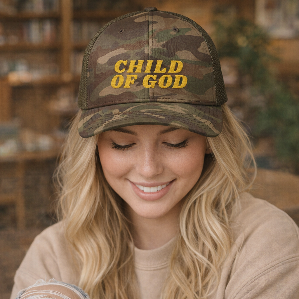 Christian Camo Trucker Hat Child of God Embroidered Hat Faith Hat Gift Religious Hat Faith Apparel