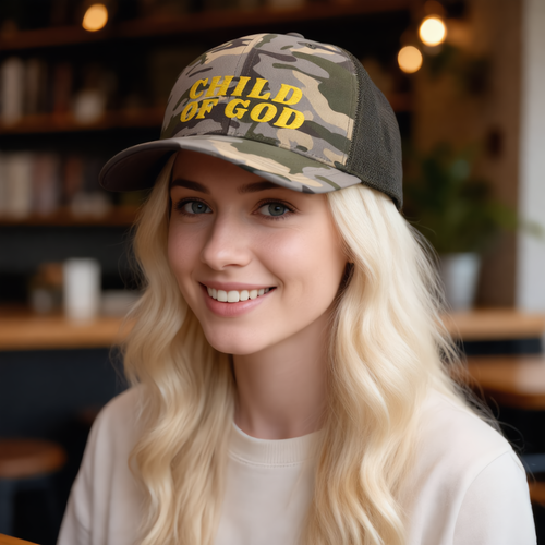 Christian Camo Trucker Hat Child of God Embroidered Hat Faith Hat Gift Religious Hat Faith Apparel