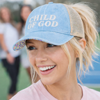 Child of God Christian Trucker Hat Ponytail Floral Baseball Cap Embroidered Woman Faith Gift