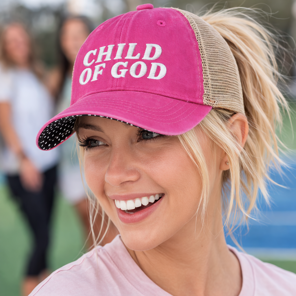 Child of God Christian Trucker Hat Ponytail Floral Baseball Cap Embroidered Woman Faith Gift