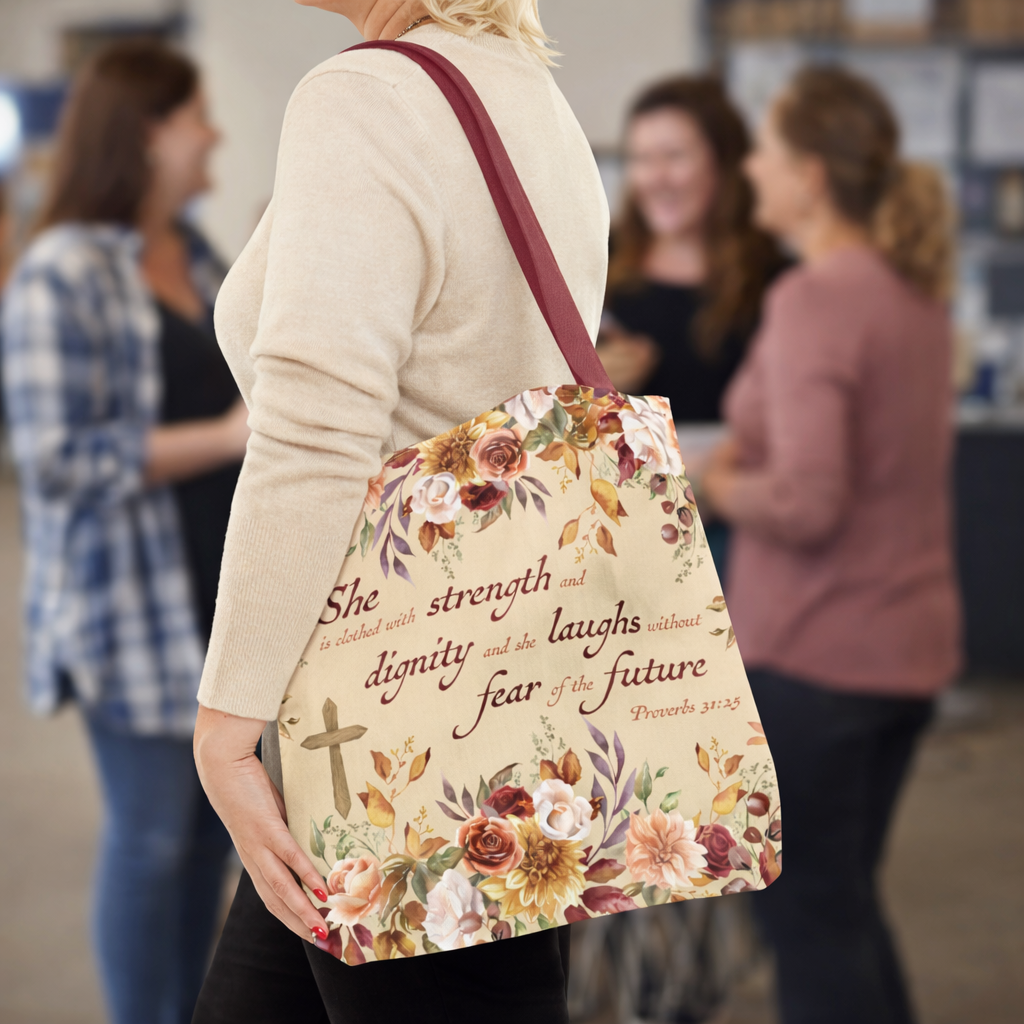 Christian Tote Bag for Women Proverbs 31 Scripture Floral Tote, Bible Verse Canvas Bag, Christian Gift for Mom, Faith Based Church Bag