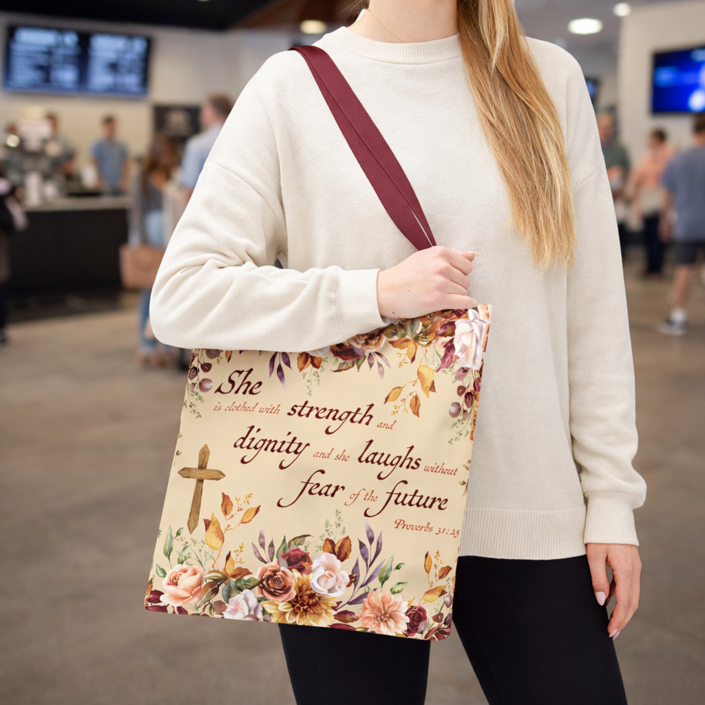 Christian Tote Bag for Women Proverbs 31 Scripture Floral Tote, Bible Verse Canvas Bag, Christian Gift for Mom, Faith Based Church Bag