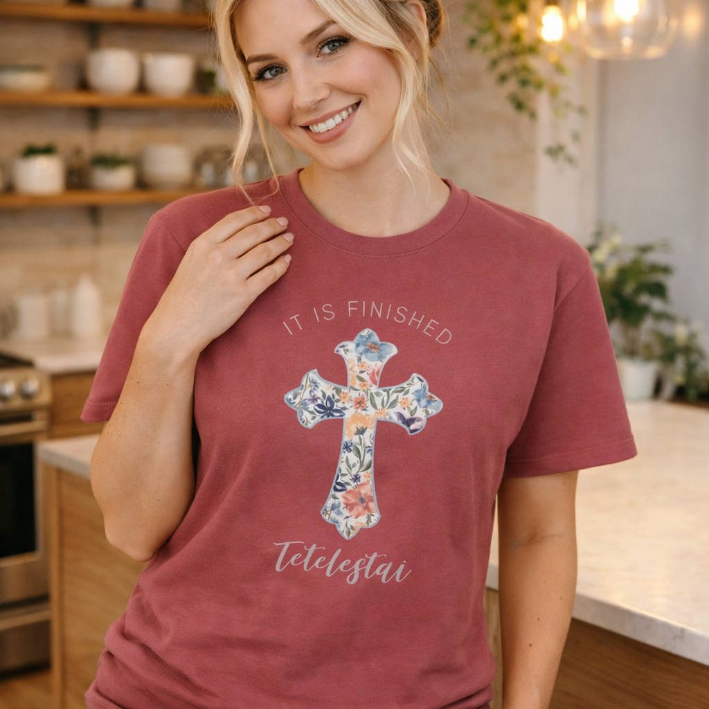 Christian “It Is Finished” Tetelestai Shirt Floral Cross Easter Tee Comfort Colors 1717 Faith Based Gift for Women