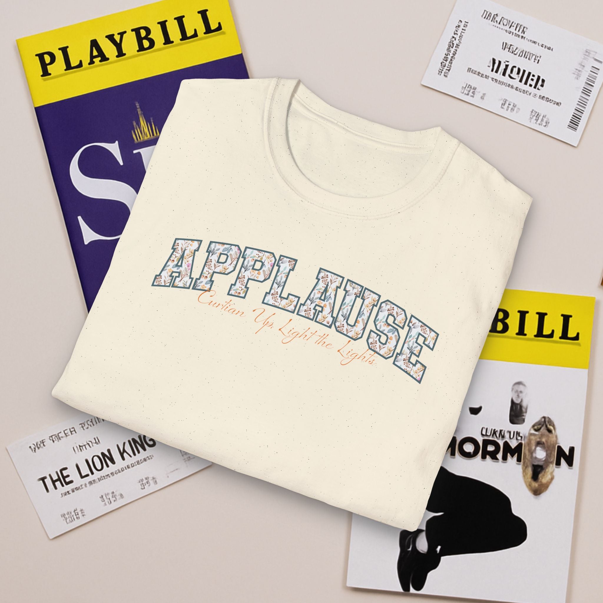 Applause T-Shirt — "Curtain Up, Light the Lights" Floral Tee for Actors & Music Students